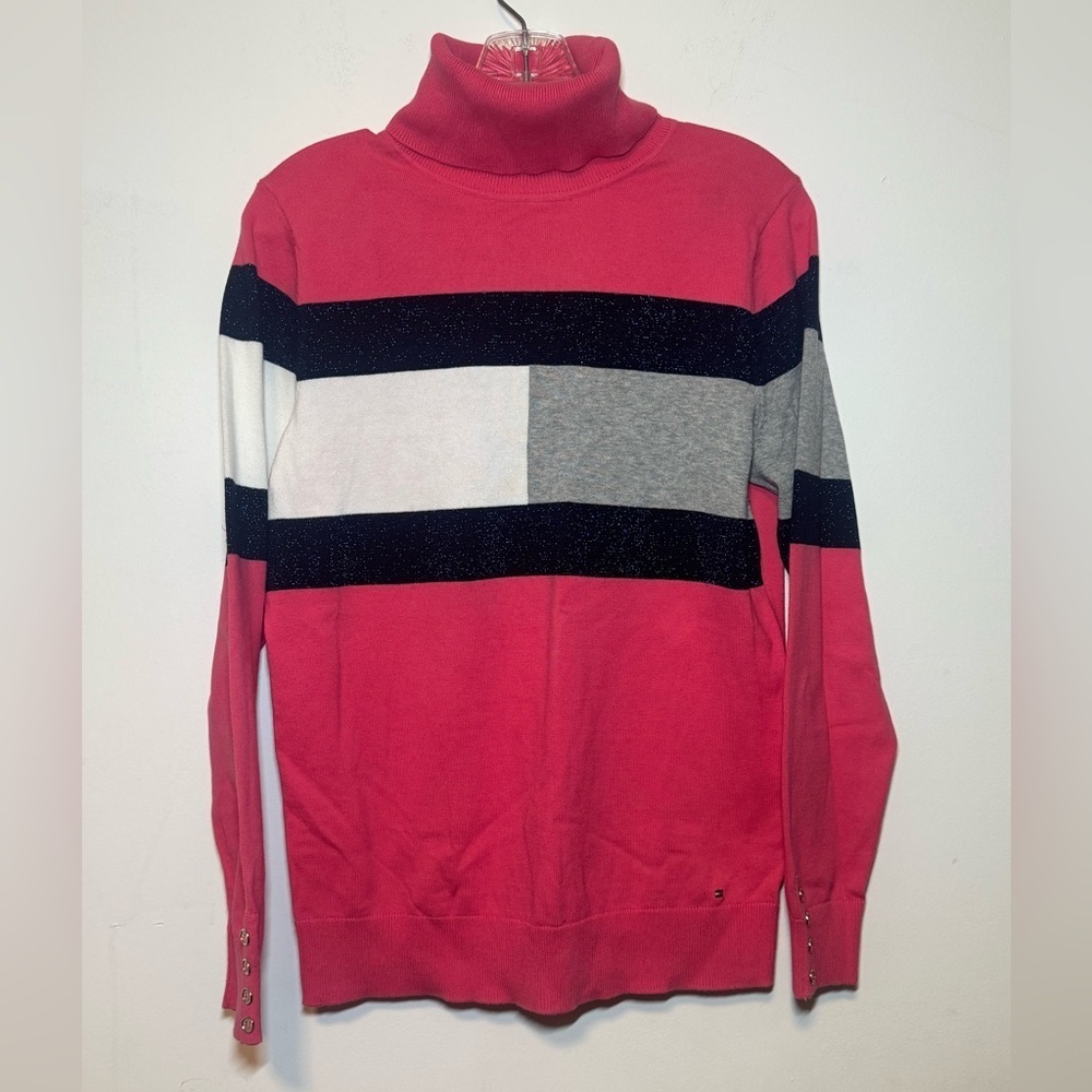 Tommy Hilfiger Women’s Medium Pink Turtleneck Sweater Shirt Shimmer Metallic Top